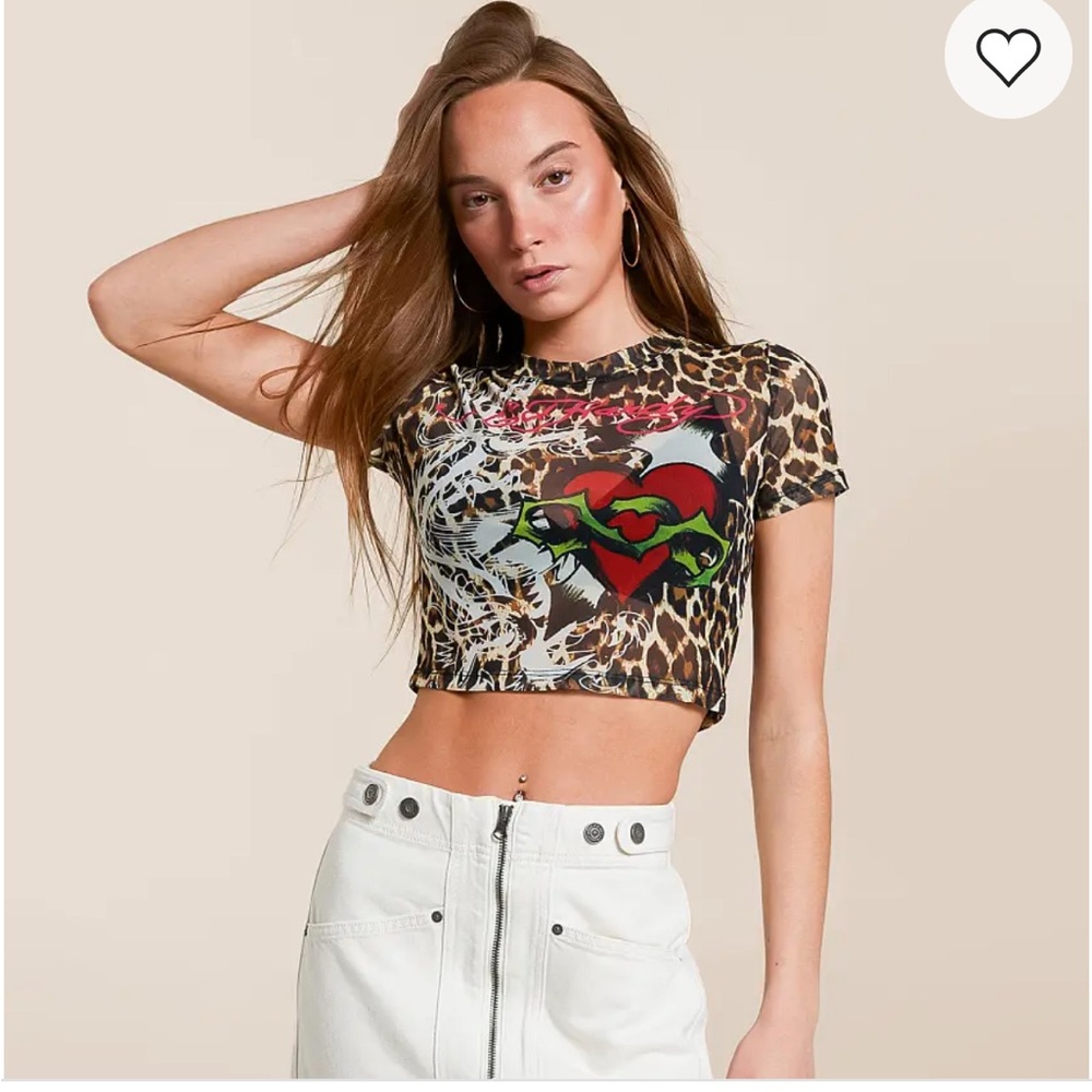 Ed Hardy Heart Power Leopard Power Mesh Crop Top